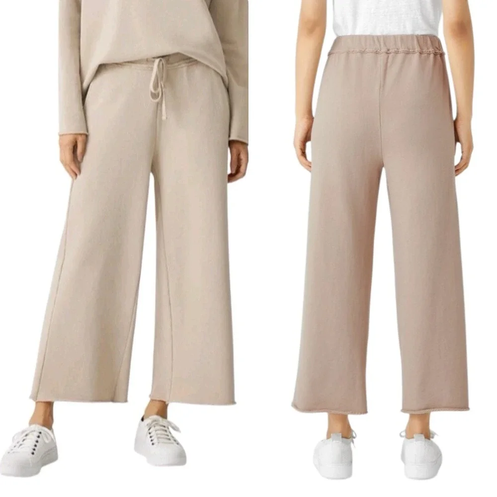 Eileen Fisher Tan Organic Cotton French Terry Wide Leg Pants Cropped Medium NEW